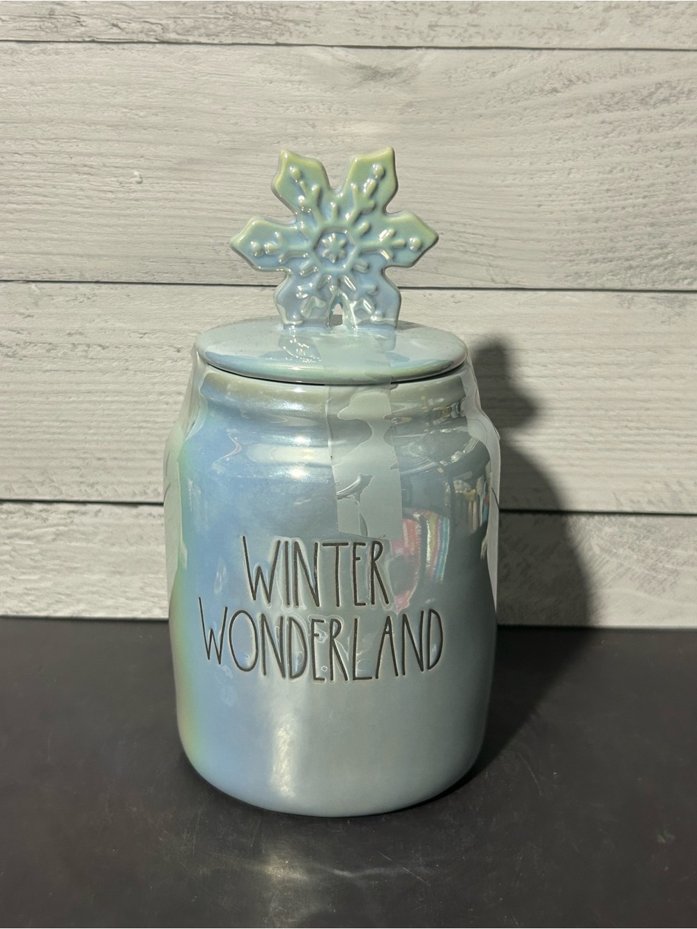 Rae Dunn Iridescent Light Blue 'Winter Wonderland' Canister with Snowflake Lid